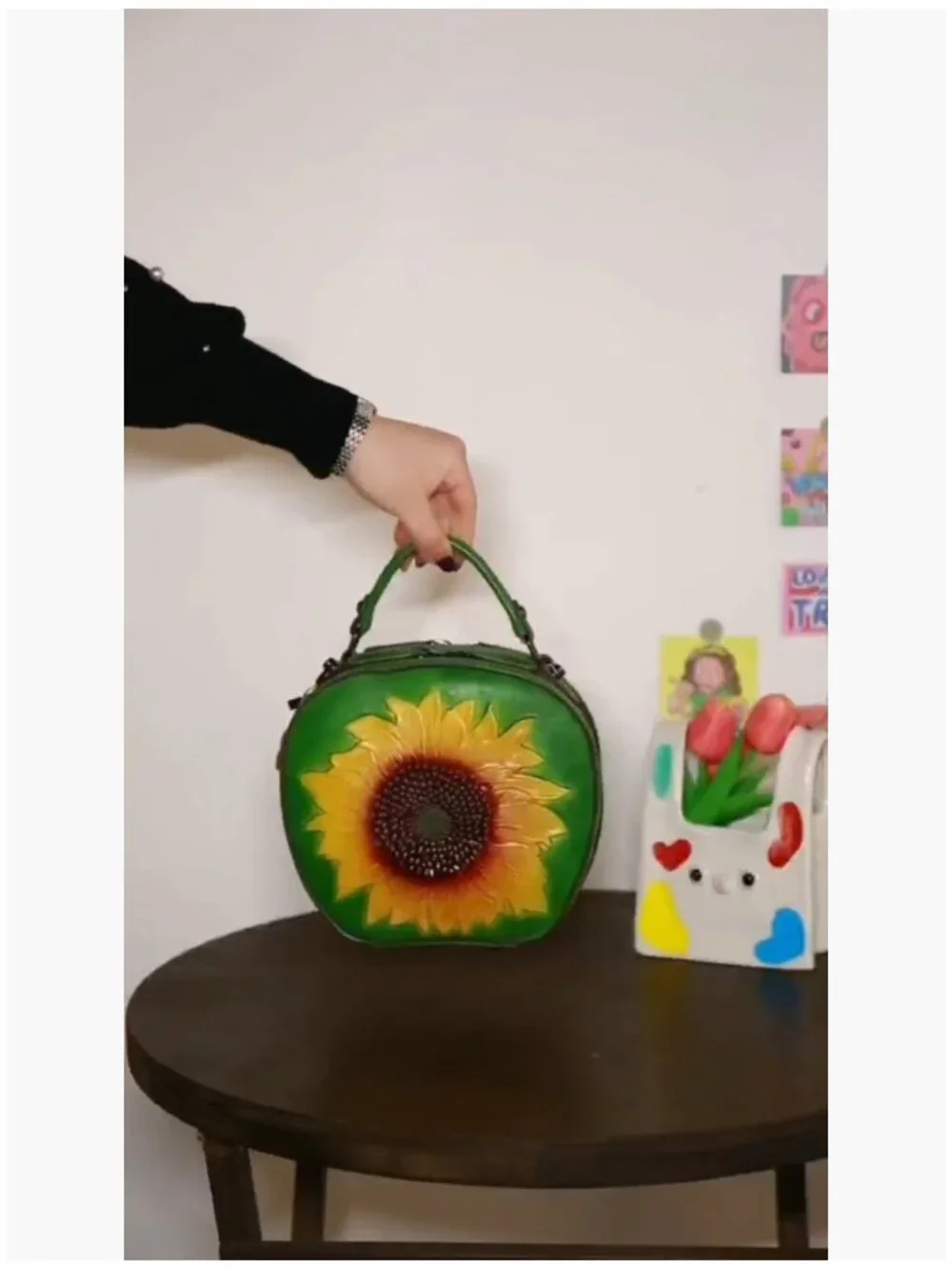 Vintage Genuine Leather Crossbody Bag with Sunflower Embossed Design - Picture 7 of 7